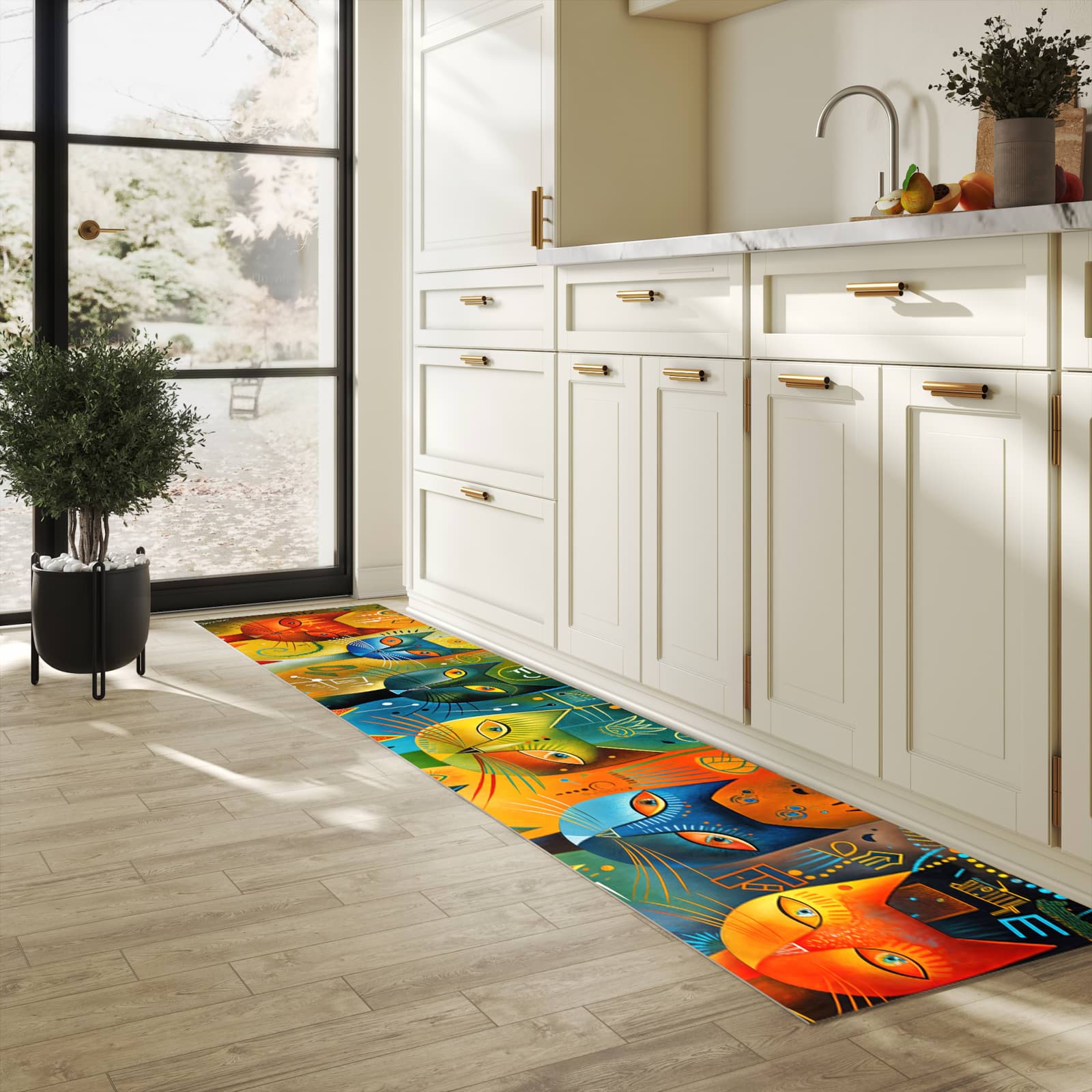 Wasserabweisender Küchenvorleger mit Motiv Bunte Katzenkunst in heller Küche