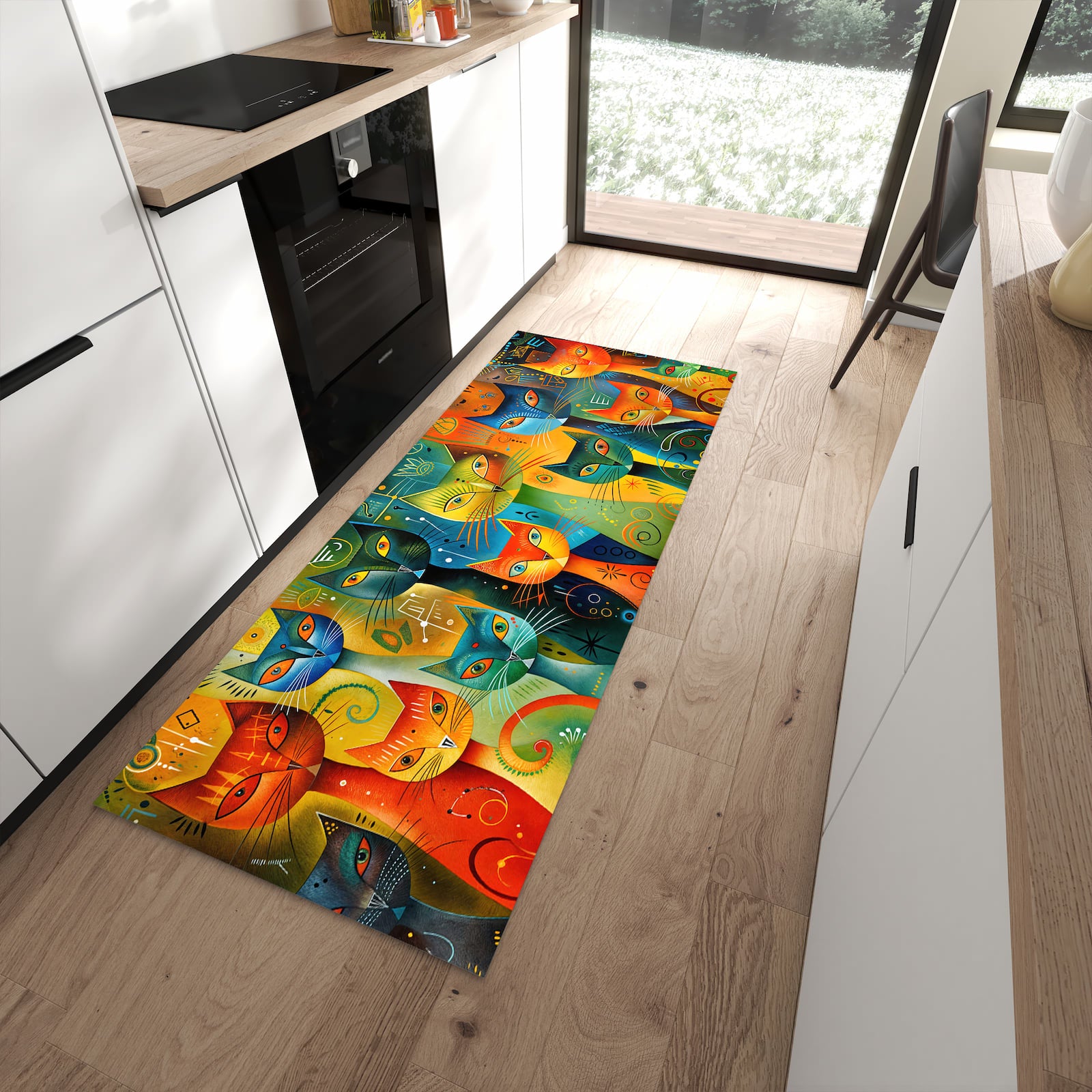 Rutschfester dünner Teppich mit Motiv Bunte Katzenkunst spart Zeit in moderner Küche