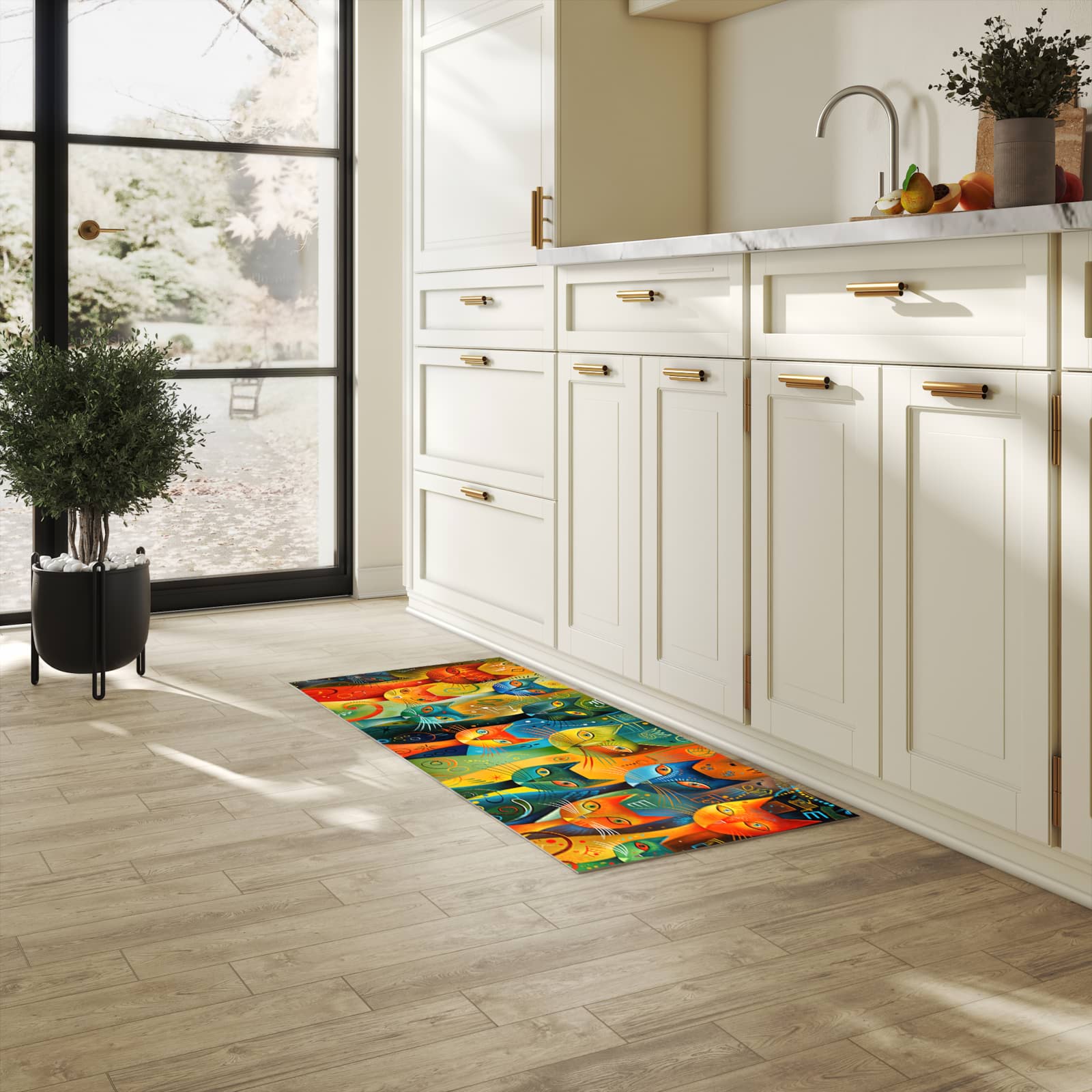 Rutschfester Küchenteppich mit Motiv Bunte Katzenkunst in heller Küche