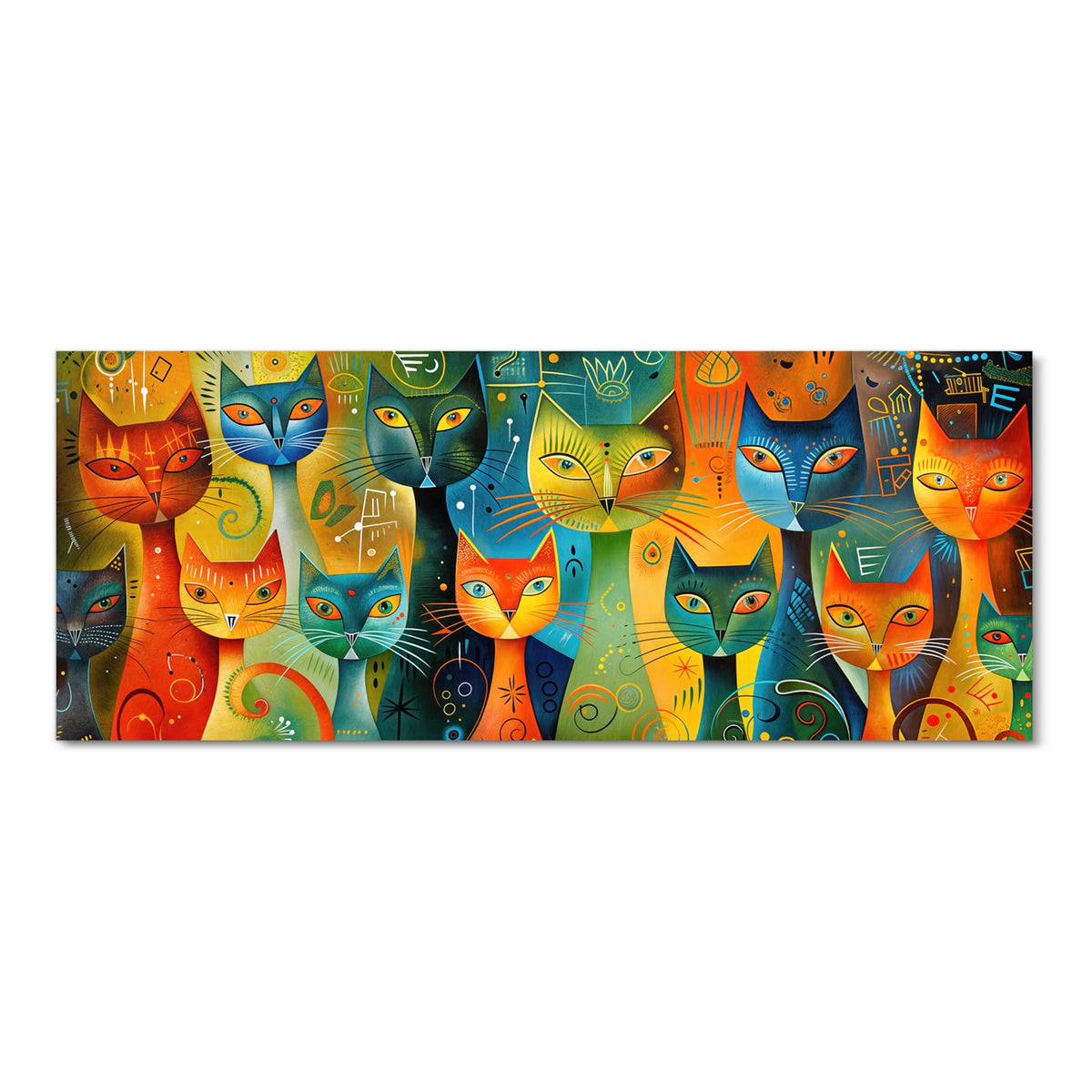 Mehrere stilisierte Katzen in Orange, Türkis und Gelb mit Punkten, Spiralen und Linienmustern