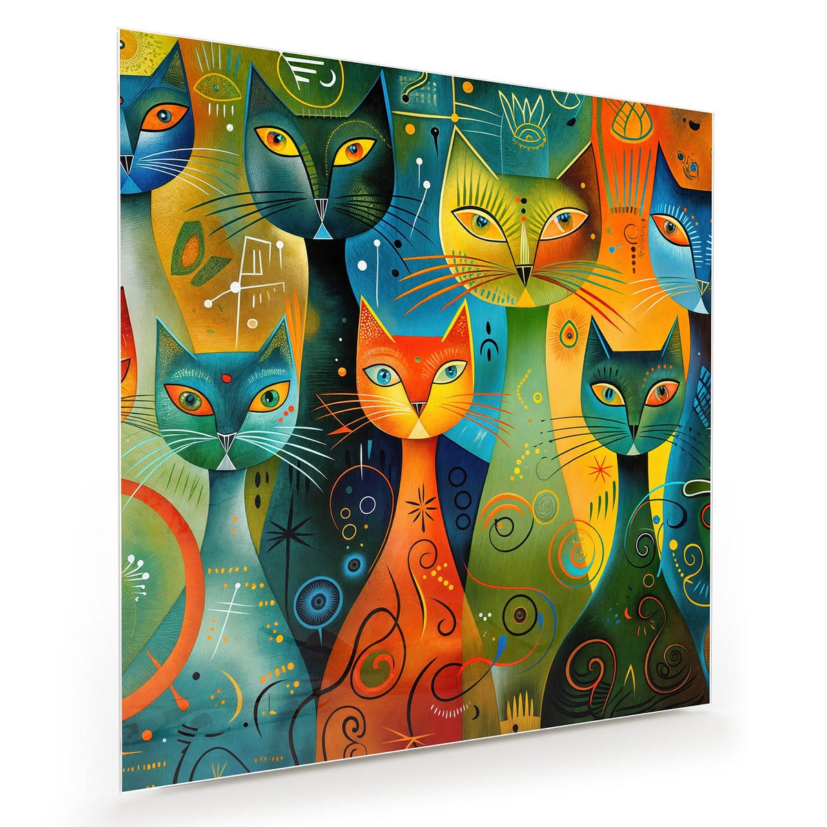 Mehrere stilisierte Katzen in Orange, Türkis und Gelb mit Punkten, Spiralen und Linienmustern