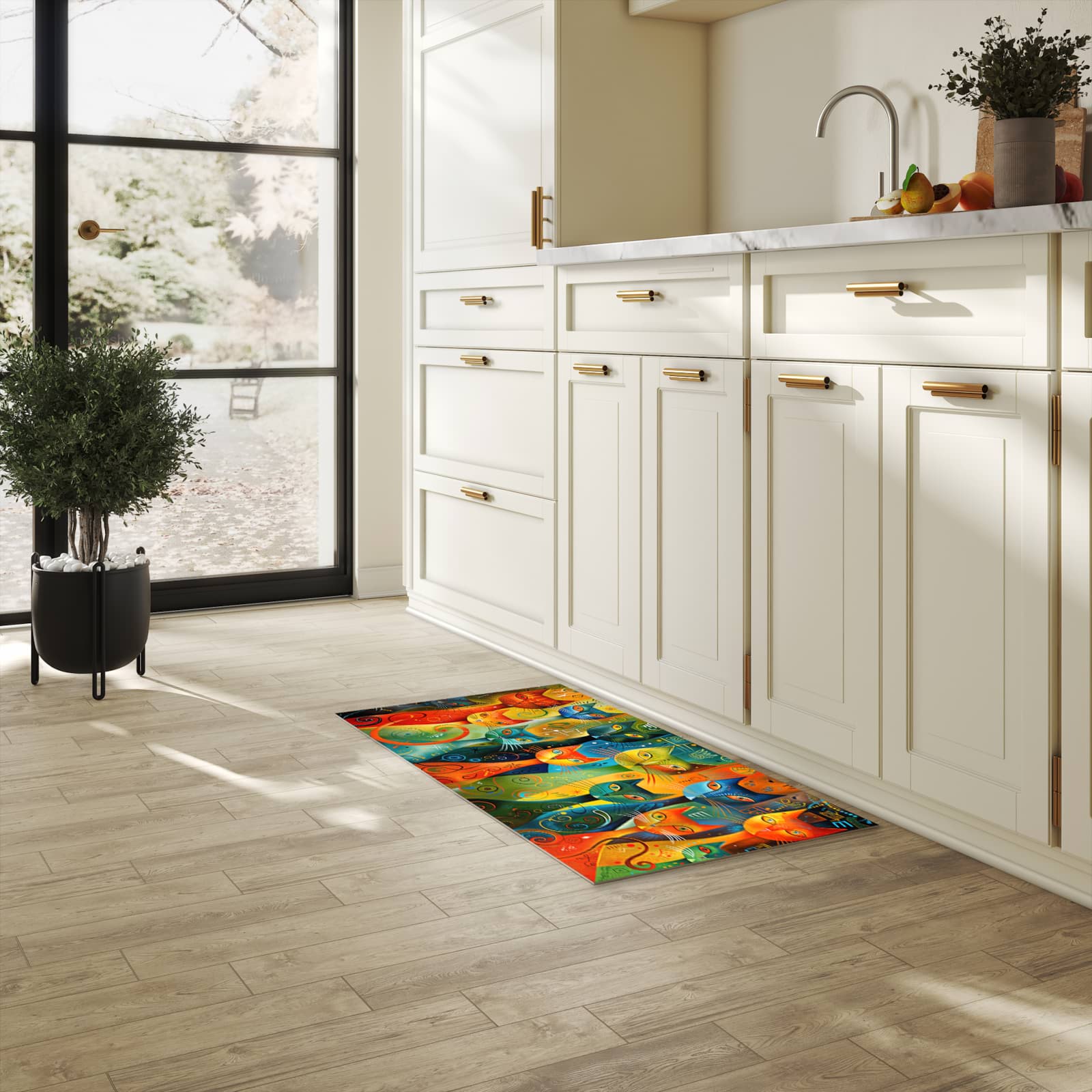 Langlebiger Küchenteppich mit Motiv Bunte Katzenkunst in heller Küche