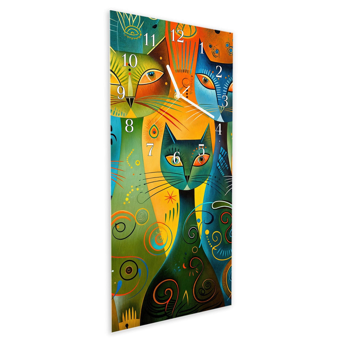 Vormontiert – mit Schwebeeffekt – Wanduhr Bunte Katzenkunst aus Glas – Hochformat 30 × 60 cm