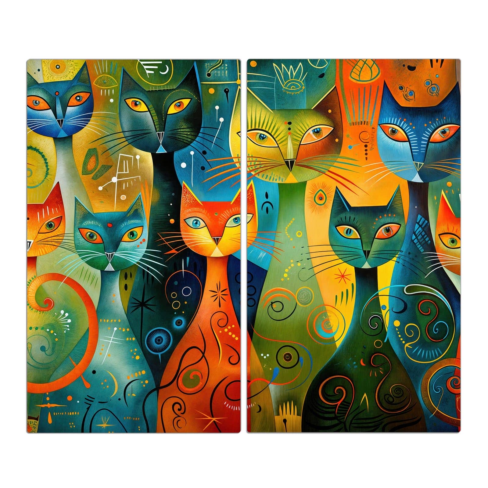 2-teilige Herdabdeckung mit Bunte Katzenkunst-Motiv in der Frontansicht #grösse_2-Teilig (60x52cm)