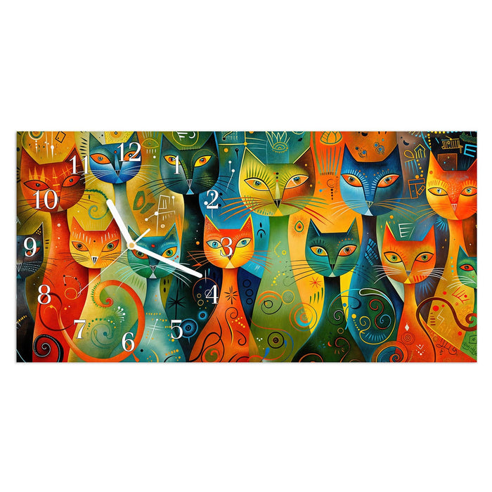Wanduhr Bunte Katzenkunst aus Glas – Querformat 60 × 30 cm mit Ziffernblatt Klassisch