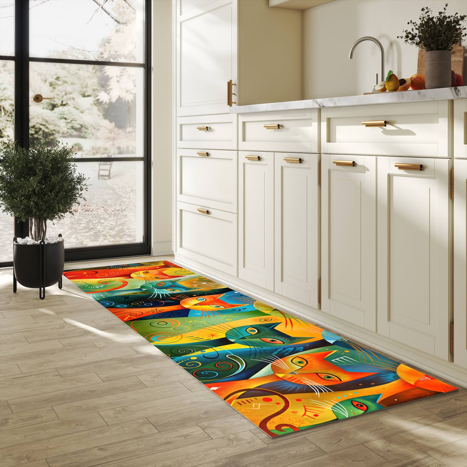 Langlebiger Teppichläufer mit Motiv Bunte Katzenkunst in heller Küche