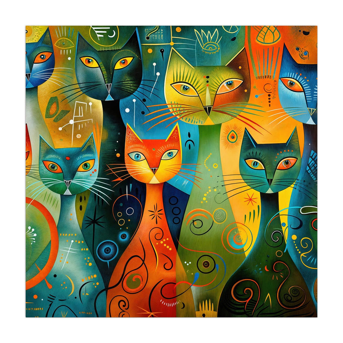 Mehrere stilisierte Katzen in Orange, Türkis und Gelb mit Punkten, Spiralen und Linienmustern
