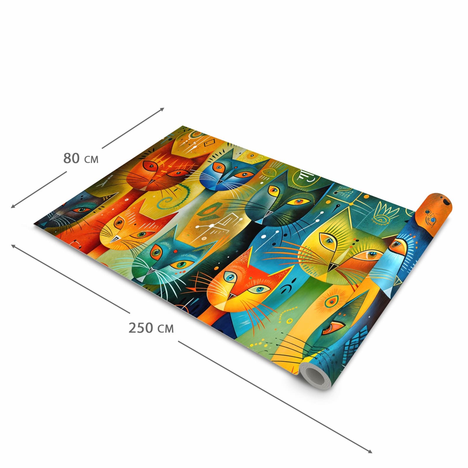 Bodenschonender Teppich fürs Esszimmer mit Motiv Bunte Katzenkunst in der Größe 60x240 cm