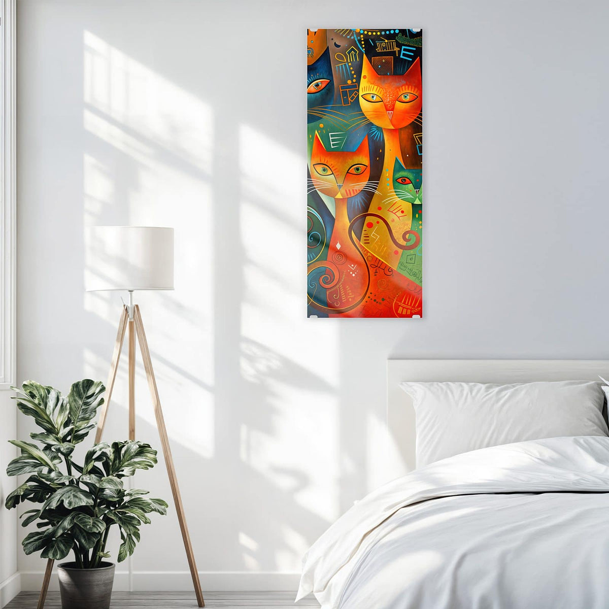 Glasbild Gemusterte Katzen an der Wand – Mehrere stilisierte Katzen in Orange, Türkis und Gelb mit Punkten, Spiralen und Linienmustern