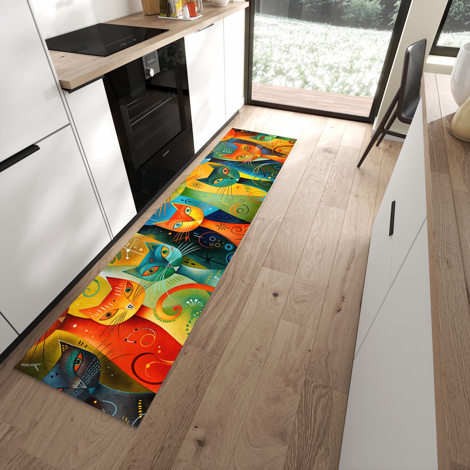 Bodenschonender langer Teppich mit Motiv Bunte Katzenkunst in moderner Küche