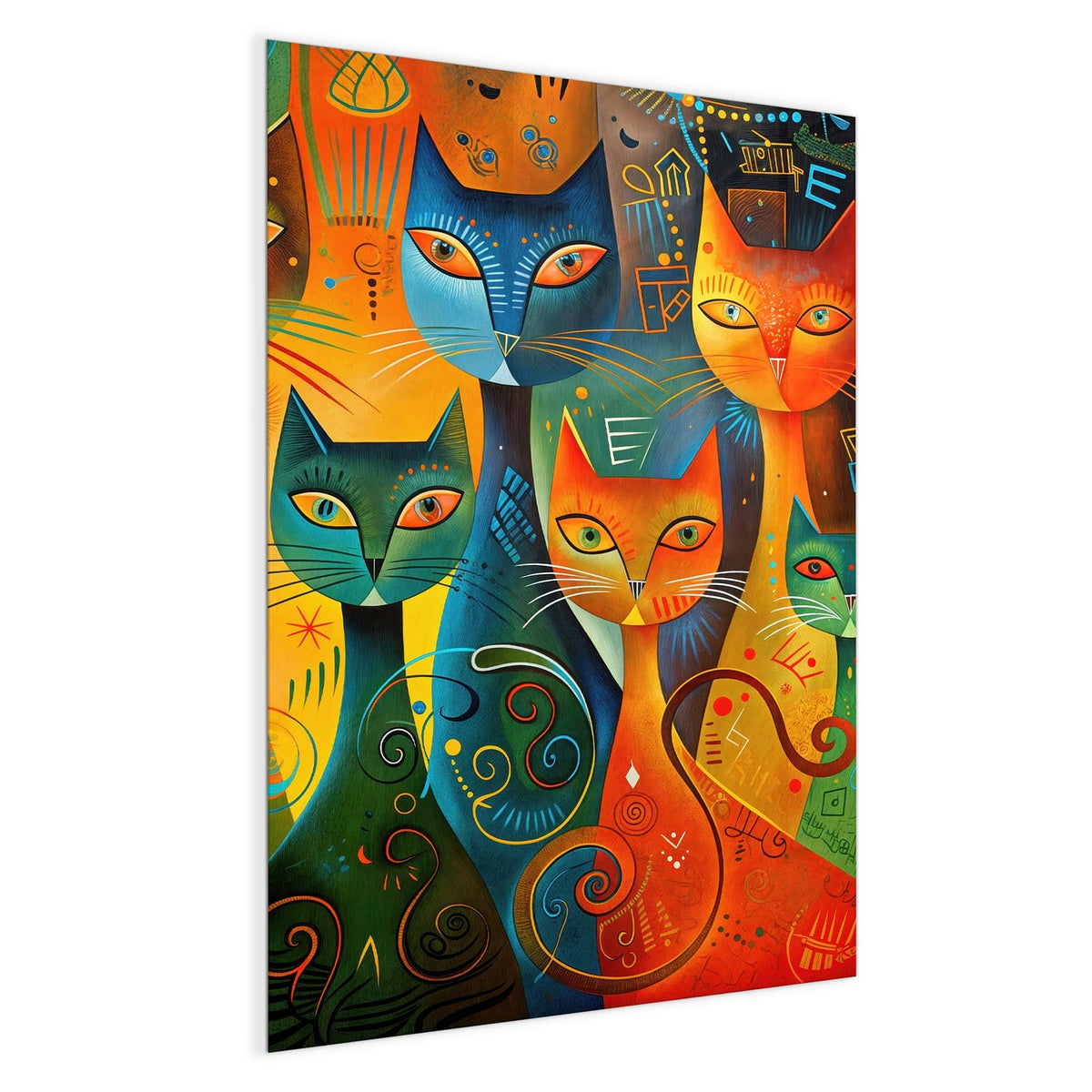 Mehrere stilisierte Katzen in Orange, Türkis und Gelb mit Punkten, Spiralen und Linienmustern