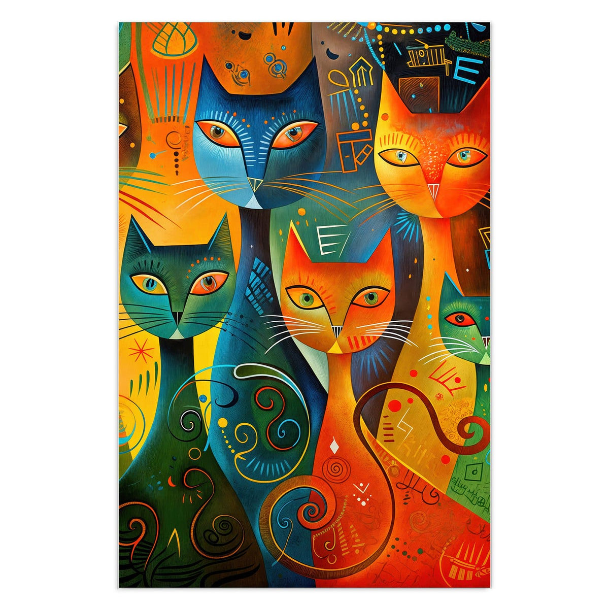 Mehrere stilisierte Katzen in Orange, Türkis und Gelb mit Punkten, Spiralen und Linienmustern