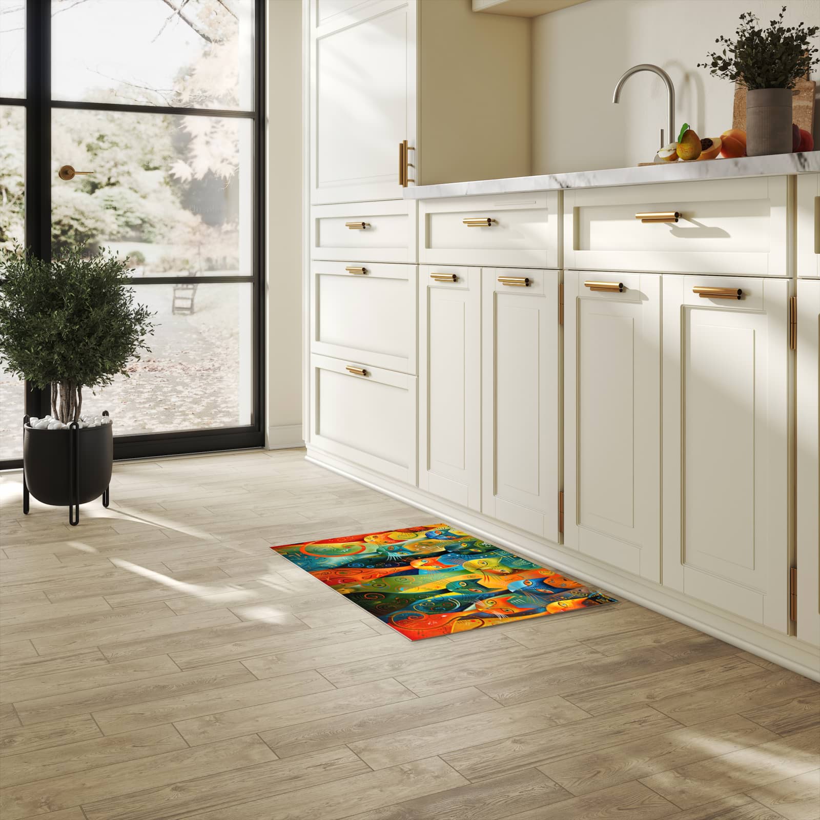 Fleckenresistenter waschbarer Teppich Küche mit Motiv Bunte Katzenkunst in heller Küche