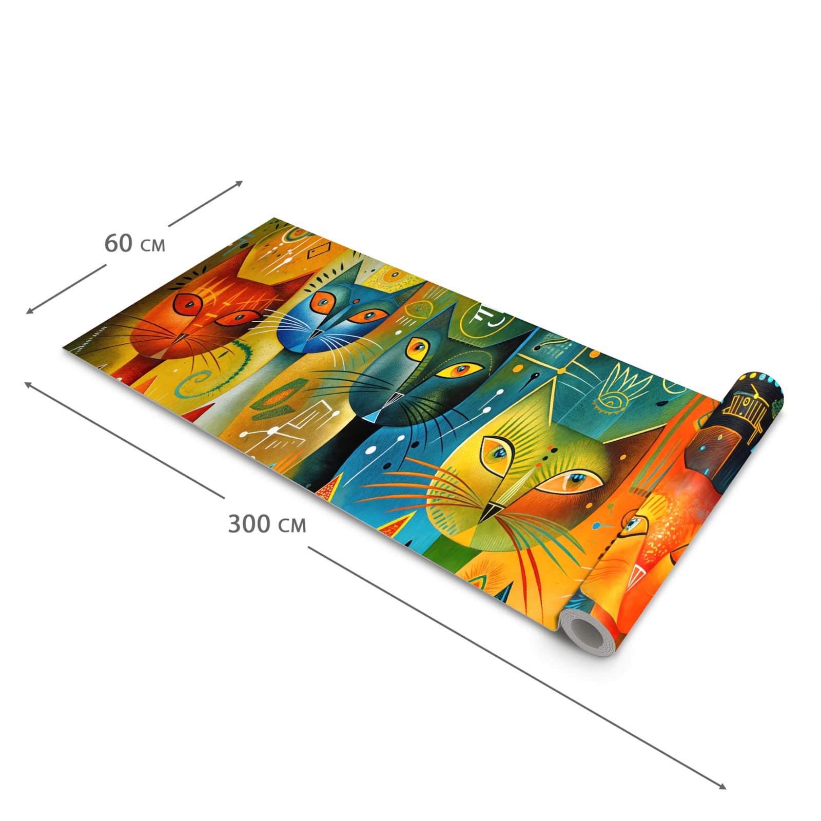 Langlebiger dünner Küchenteppich mit Motiv Bunte Katzenkunst in der Grösse 60x240 cm