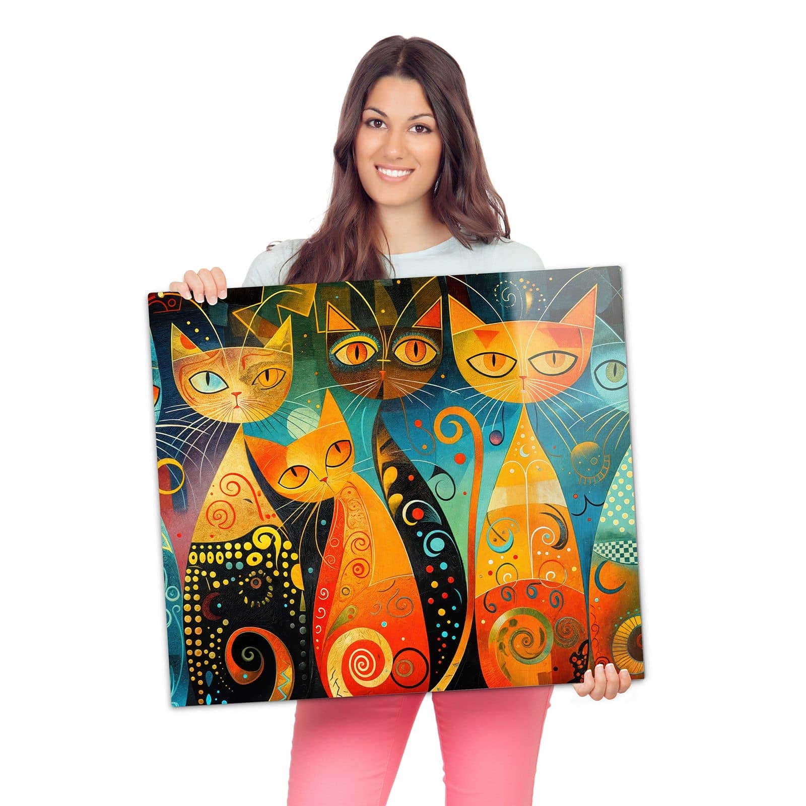 Herdabdeckung mit Verspielte Katzenkunst-Motiv wird zur Größendarstellung gehalten