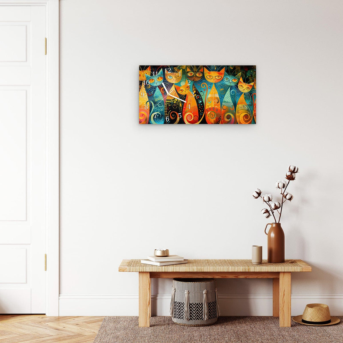 Moderne Wanduhr aus Glas mit Farbtiefe – Wanduhr Verspielte Katzenkunst aus Glas – Querformat 60 × 30 cm