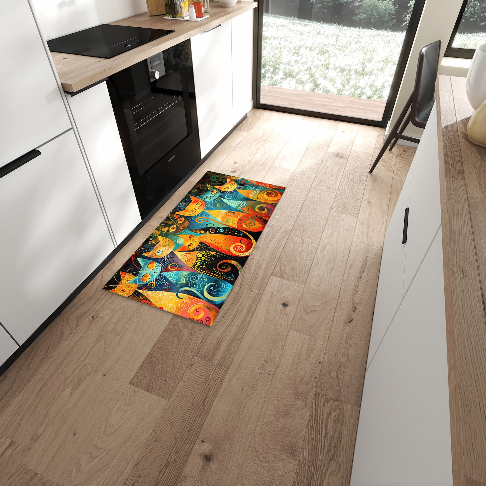 Geruchsneutraler Küchenteppich mit Motiv Katzenkunst von Bunte in moderner Küche #grösse_60 x 120 cm