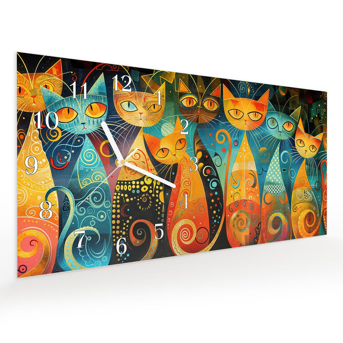 Vormontiert – mit Schwebeeffekt – Wanduhr Verspielte Katzenkunst aus Glas – Querformat 60 × 30 cm