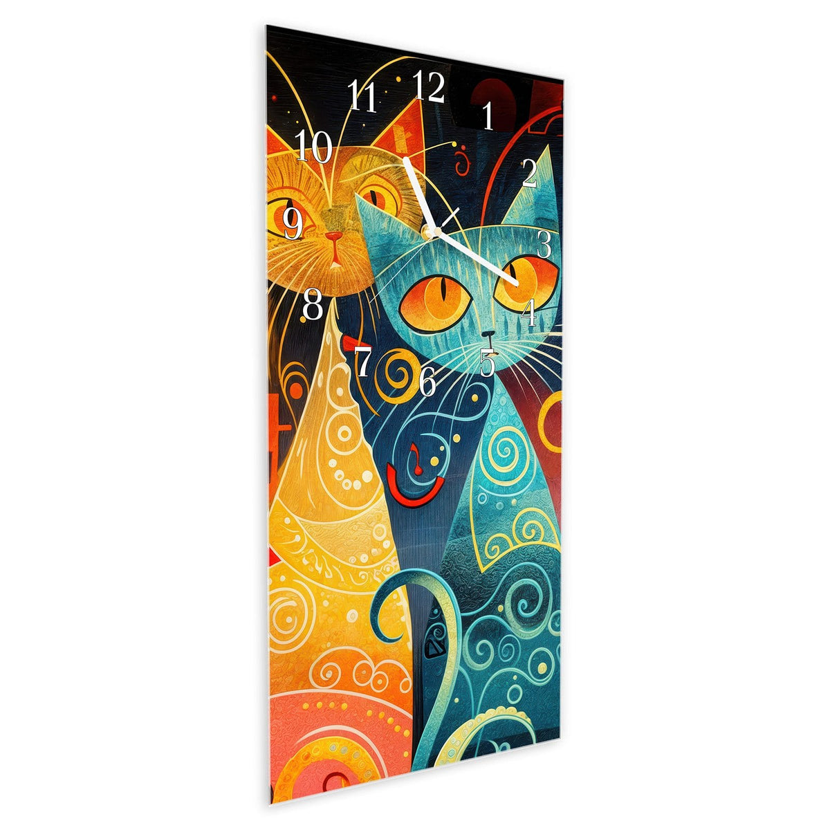 Vormontiert – mit Schwebeeffekt – Wanduhr Verspielte Katzenkunst aus Glas – Hochformat 30 × 60 cm