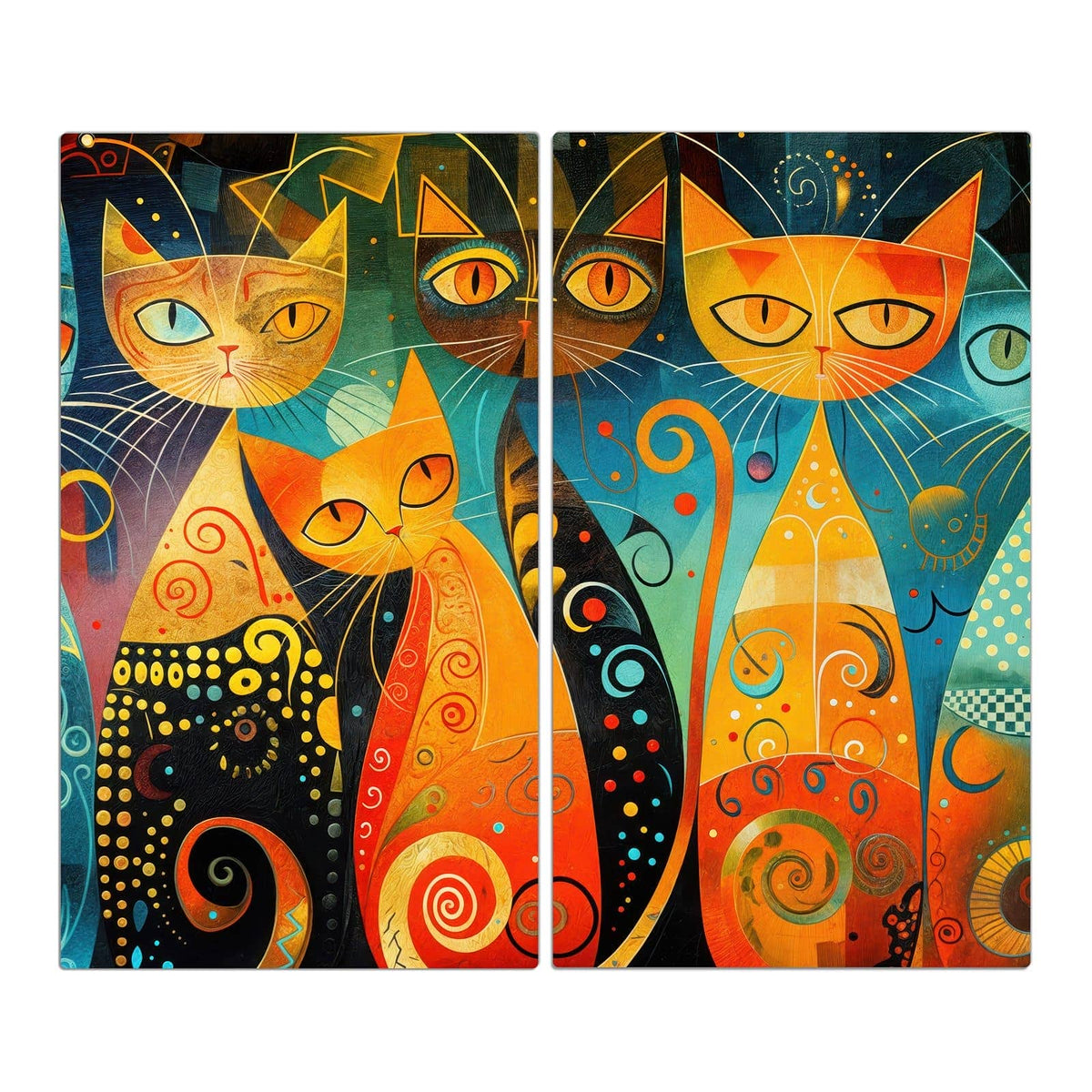 Vier stilisierte Katzen mit Schnörkeln und Punkten in Orange, Blau und Schwarz