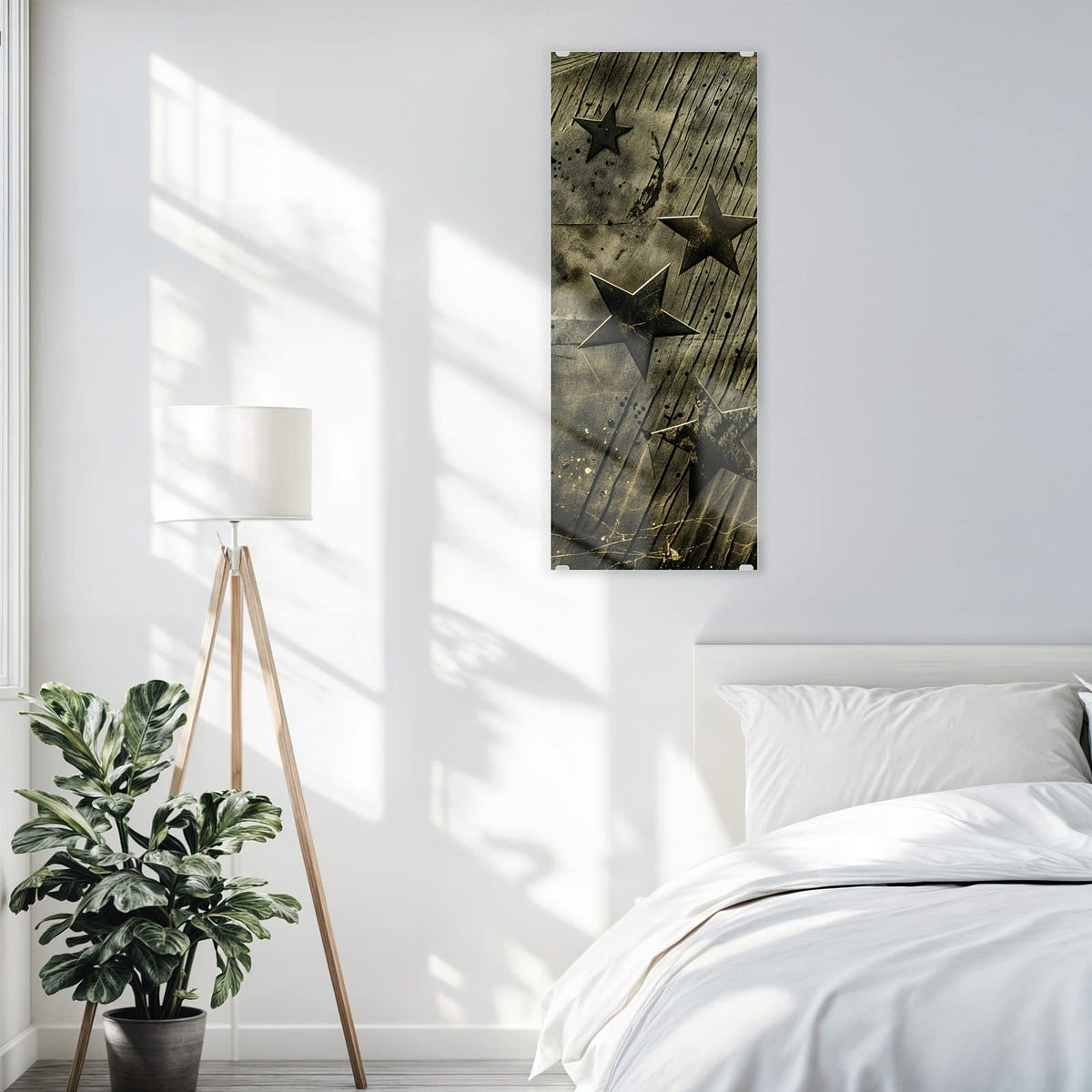 Glasbild Verwitterte Sterne an der Wand – Geprägte Sterne auf verwitterter, zerkratzter olivgrüner Oberfläche – kein Nachthimmel