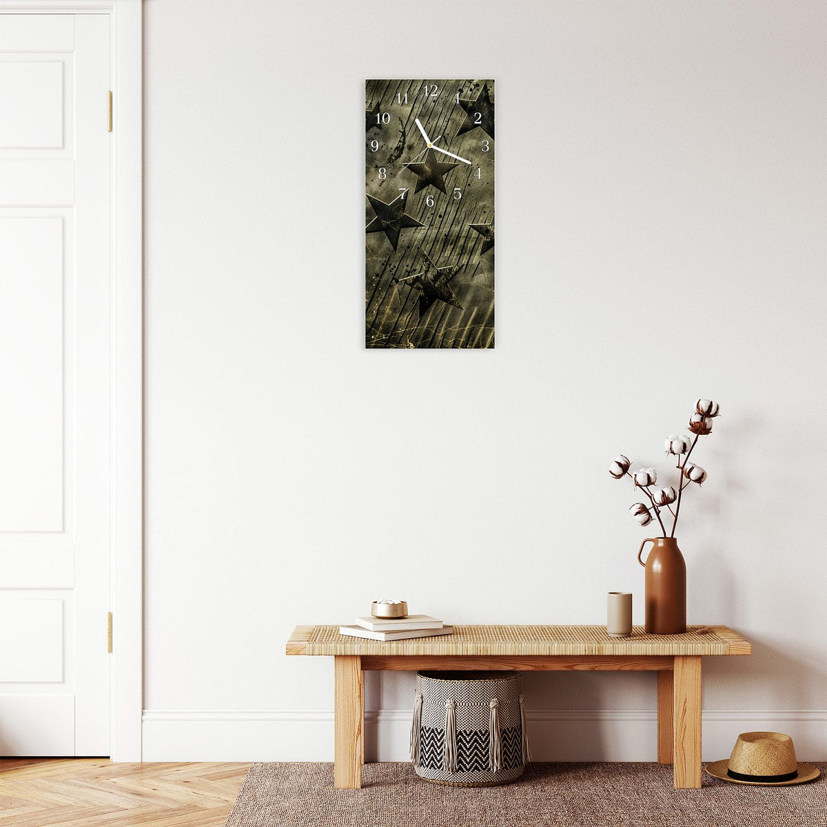 Moderne Wanduhr aus Glas mit Farbtiefe – Wanduhr Sternenhimmel aus Glas – Hochformat 30 × 60 cm