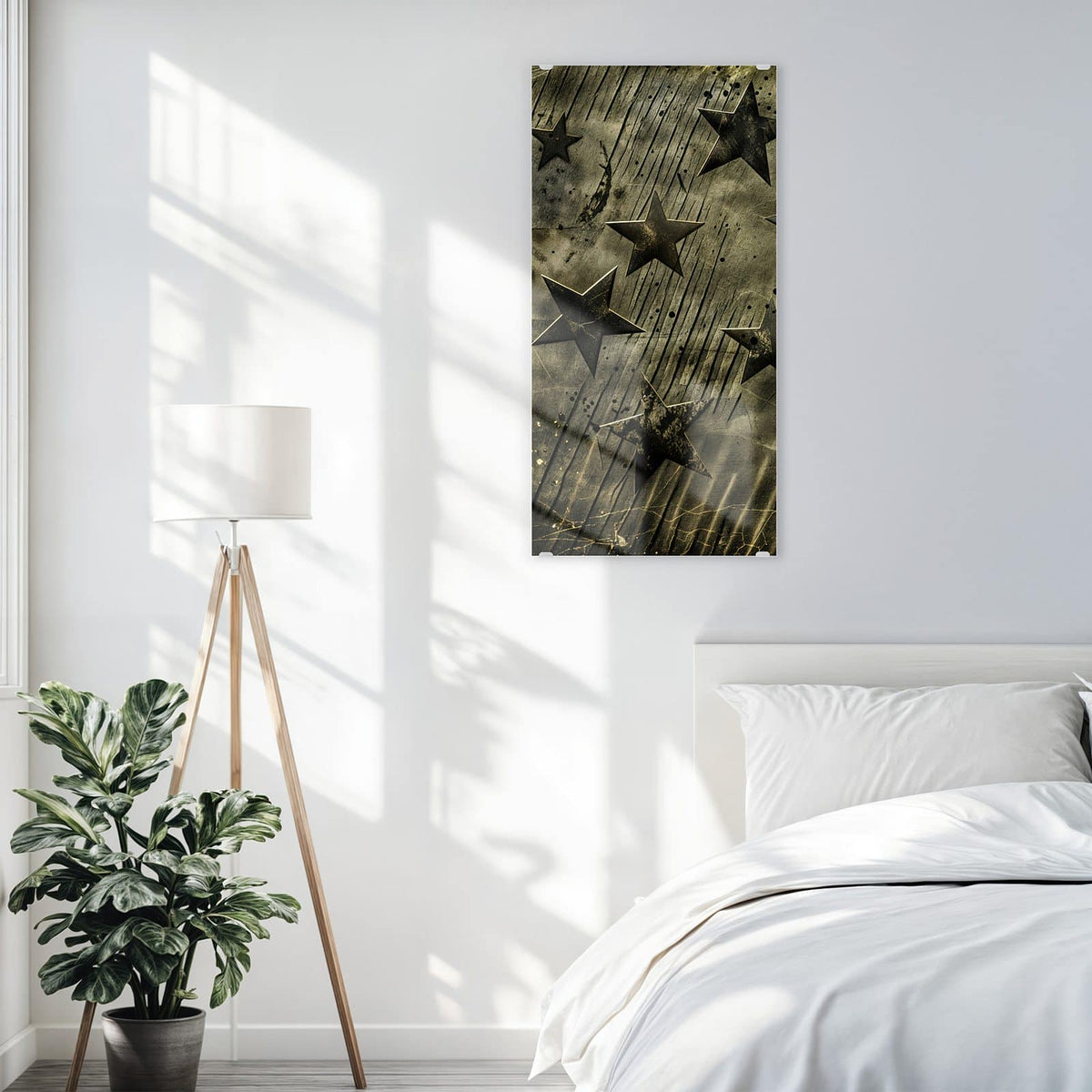 Glasbild Verwitterte Sterne an der Wand – Geprägte Sterne auf verwitterter, zerkratzter olivgrüner Oberfläche – kein Nachthimmel