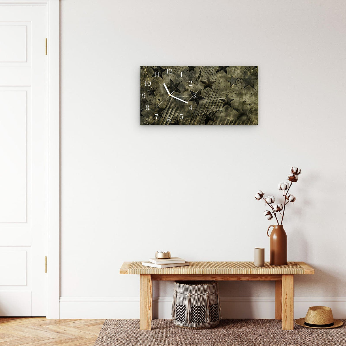 Moderne Wanduhr aus Glas mit Farbtiefe – Wanduhr Sternenhimmel aus Glas – Querformat 60 × 30 cm