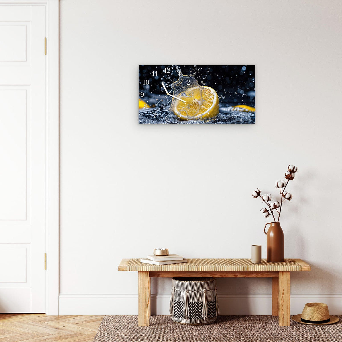 Moderne Wanduhr aus Glas mit Farbtiefe – Wanduhr Zitronenspritzer aus Glas – Querformat 60 × 30 cm