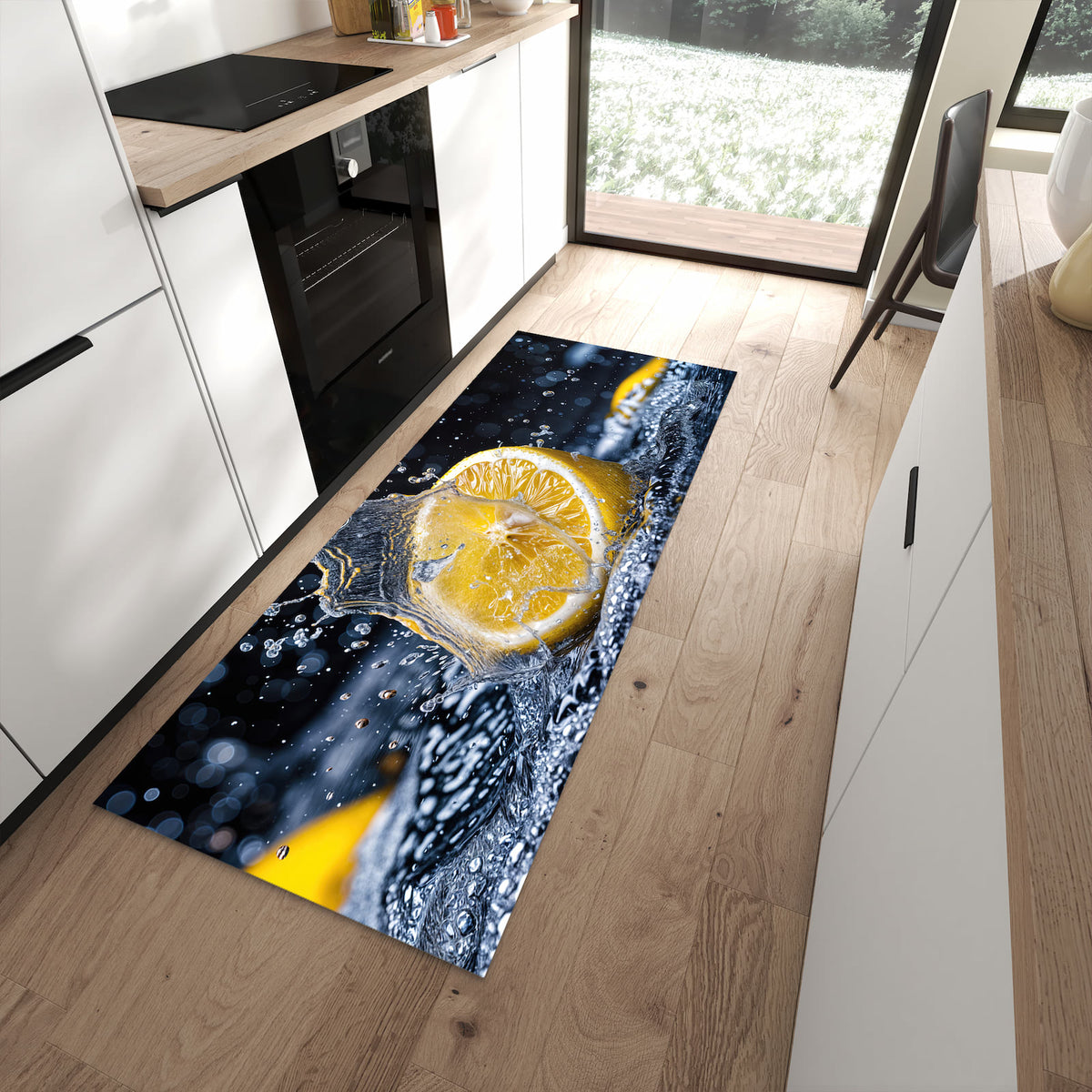 Strapazierfähiger rutschfester Küchenteppich mit Motiv Zitronenspritzer in moderner Küche