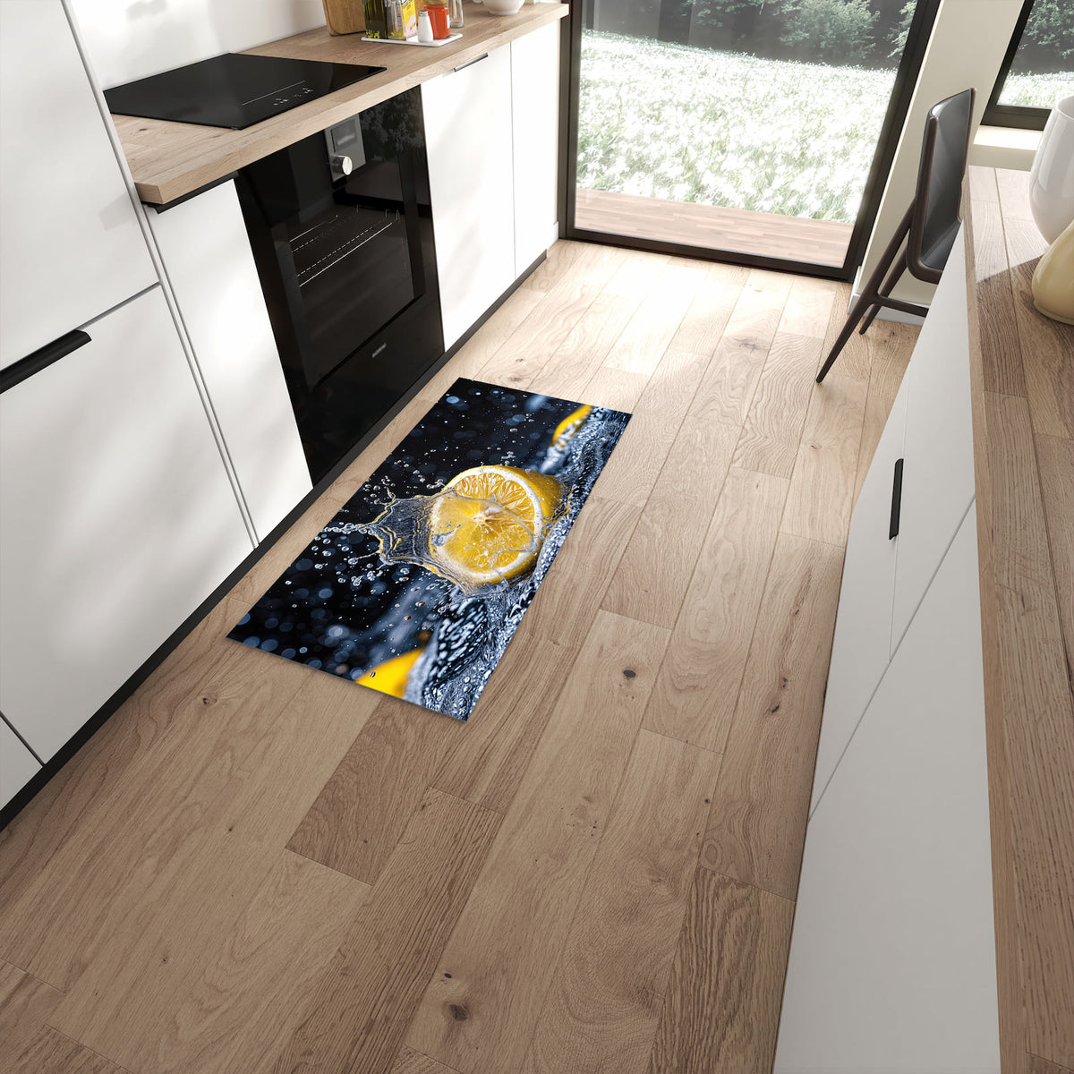 Flacher Küchenteppich mit Motiv Zitronenspritzer in moderner Küche - waschbar #grösse_60 x 120 cm
