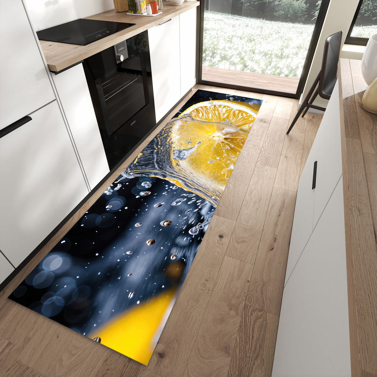 Langlebiger Küchenläufer mit Motiv Zitronenspritzer in moderner Küche