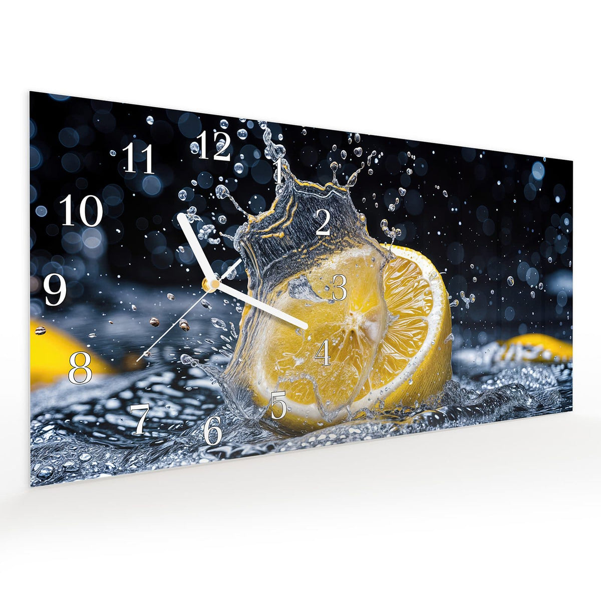 Vormontiert – mit Schwebeeffekt – Wanduhr Zitronenspritzer aus Glas – Querformat 60 × 30 cm