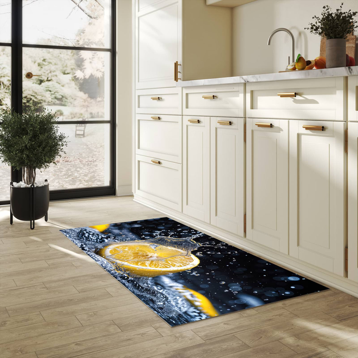Langlebiger Küchenläufer mit Motiv Zitronenspritzer in heller Küche