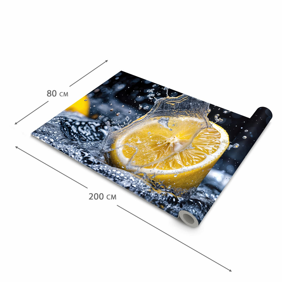 Flacher Küchenteppich mit Motiv Zitronenspritzer in der Grösse 60x150 cm, waschbar