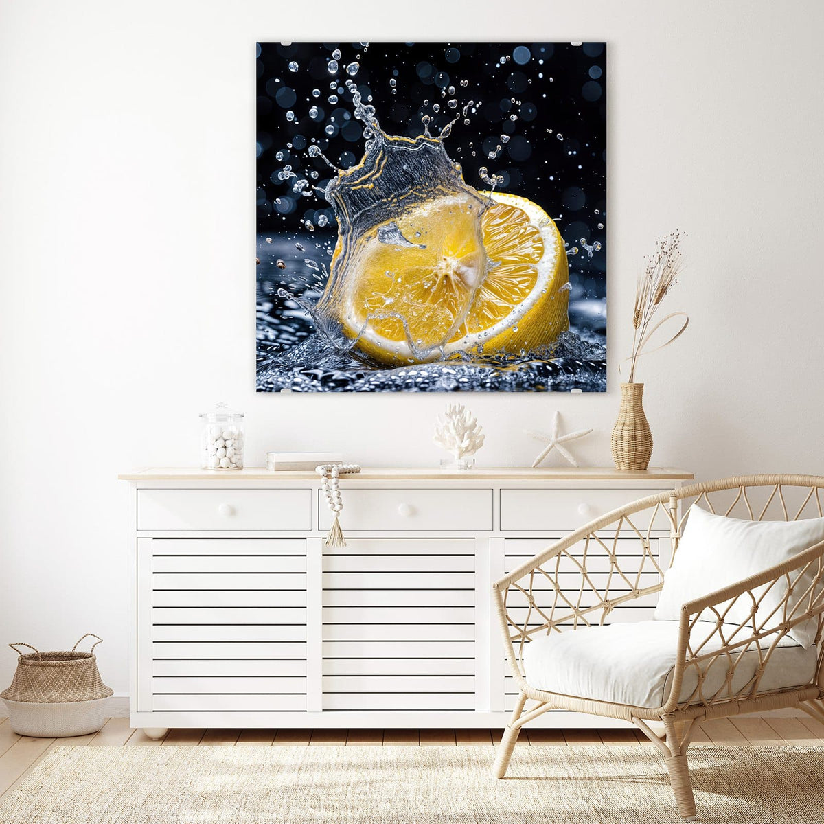 Echtglas, 4 mm – kein Acryl, keine Folie – Wandbild - Zitronenspritzer - Quadratisch
