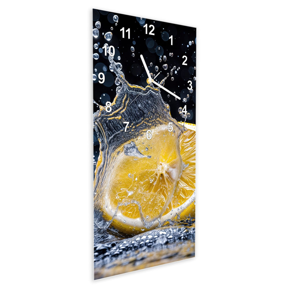 Wanduhr aus Glas im Hochformat Zitronenspritzer schräg von der Seite, 4 mm starkes Glas