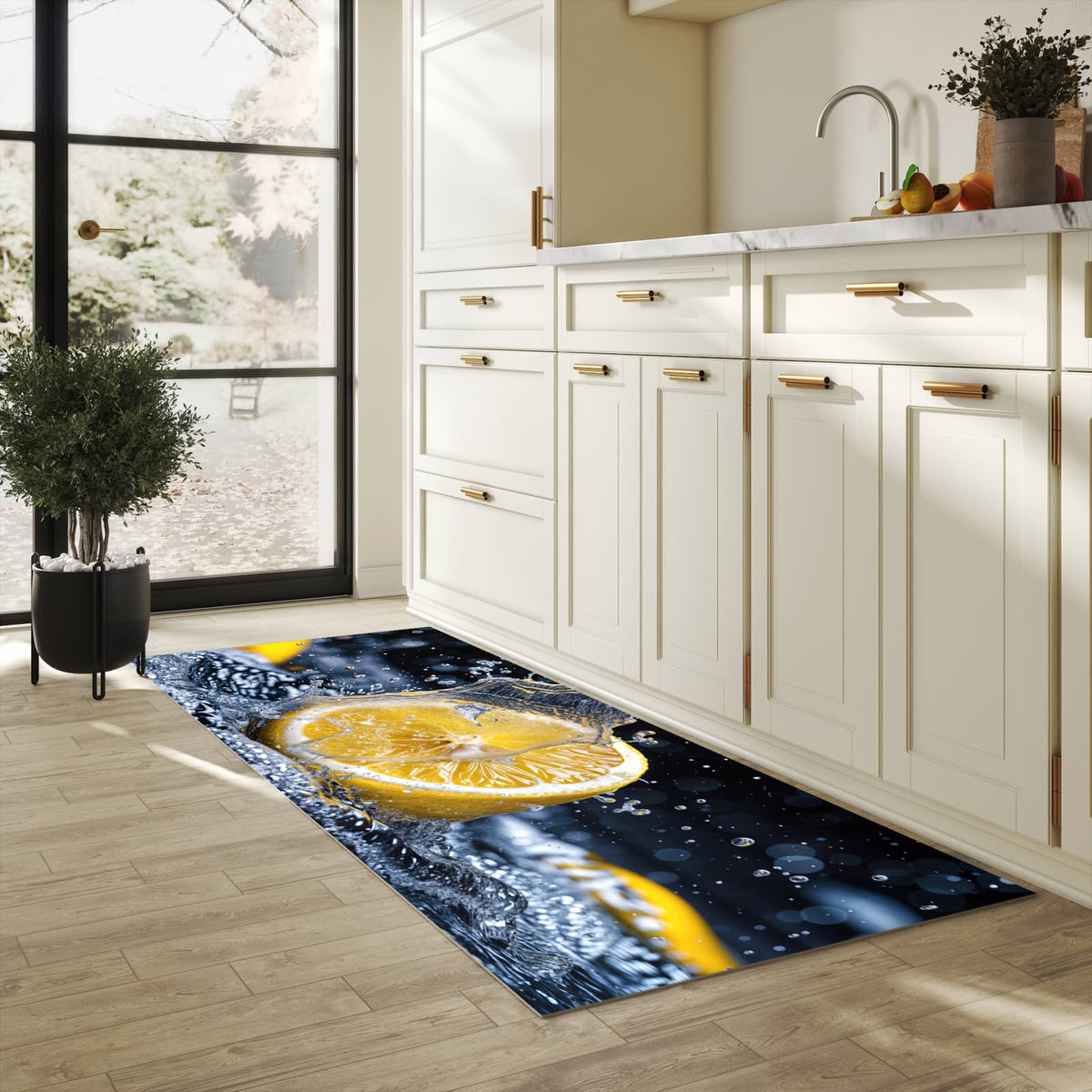 Rutschfester Küchenteppich mit Motiv Zitronenspritzer in heller Küche