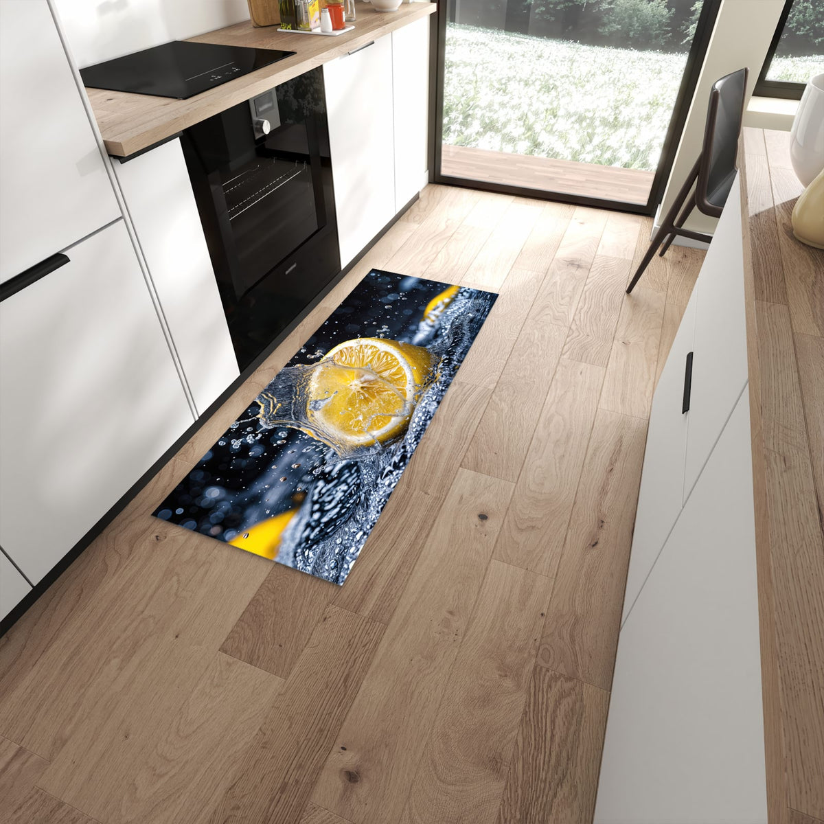 Pflegeleichter Küchenteppich mit Motiv Zitronenspritzer in moderner Küche #grösse_60 x 150 cm