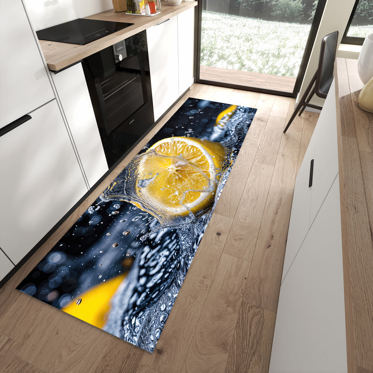 Waschbarer Küchenteppich mit Motiv Zitronenspritzer in moderner Küche