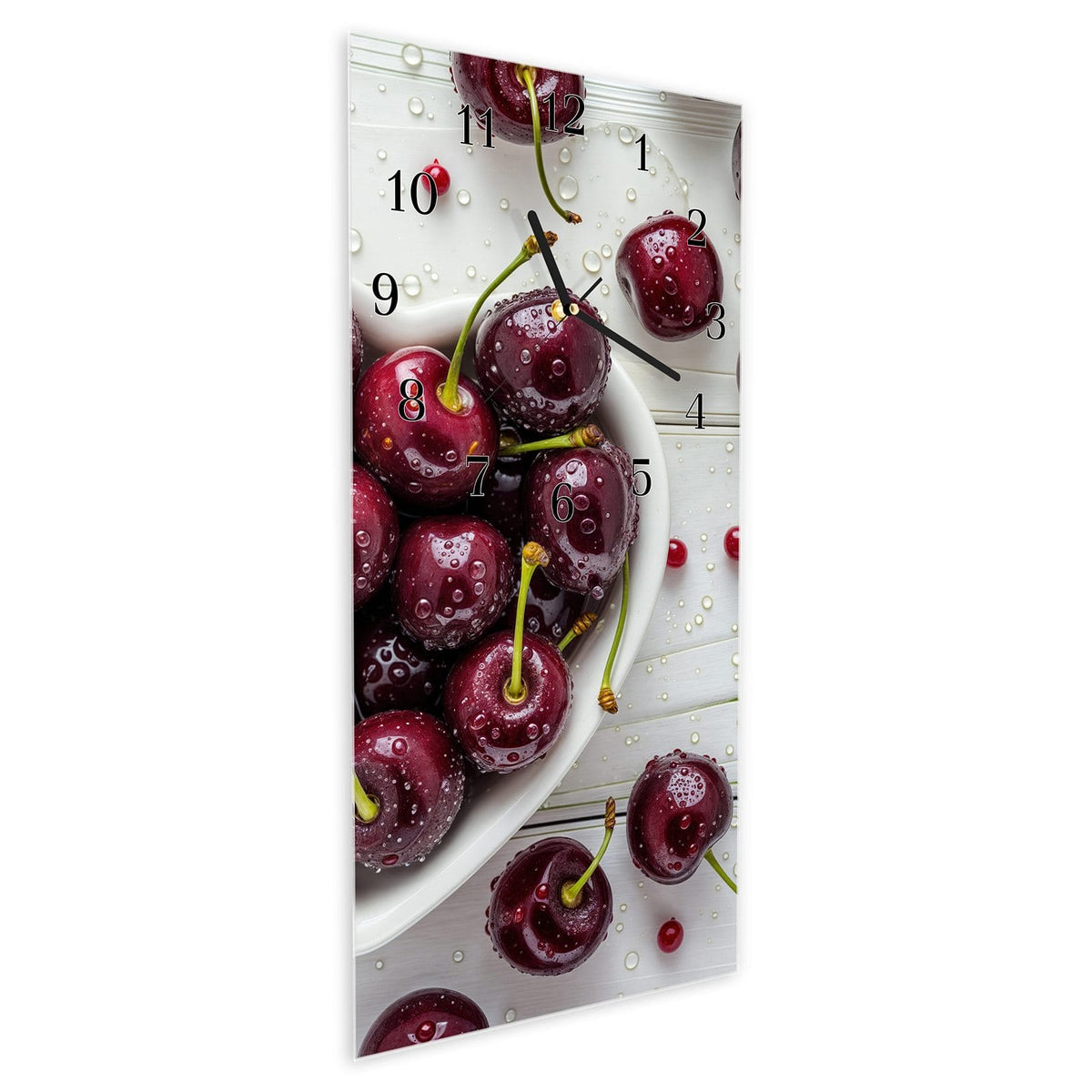 Vormontiert – mit Schwebeeffekt – Wanduhr Frische & Kirschen aus Glas – Hochformat 30 × 60 cm