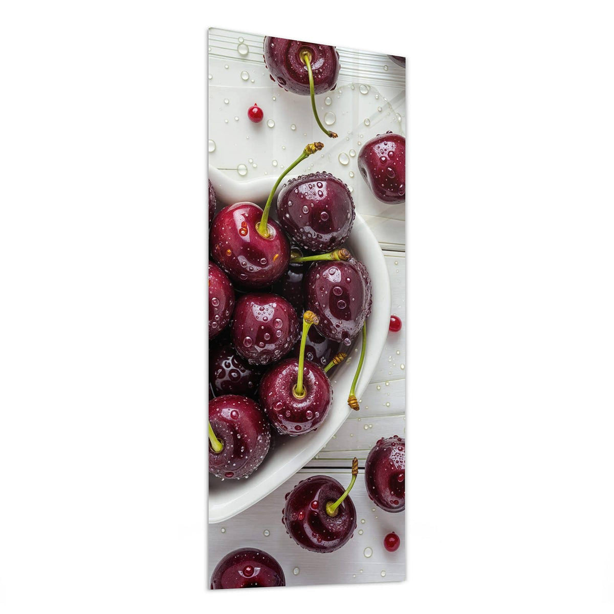 Glasbild Kirschen in Herzschale von der Seite, 4 mm Echtglas