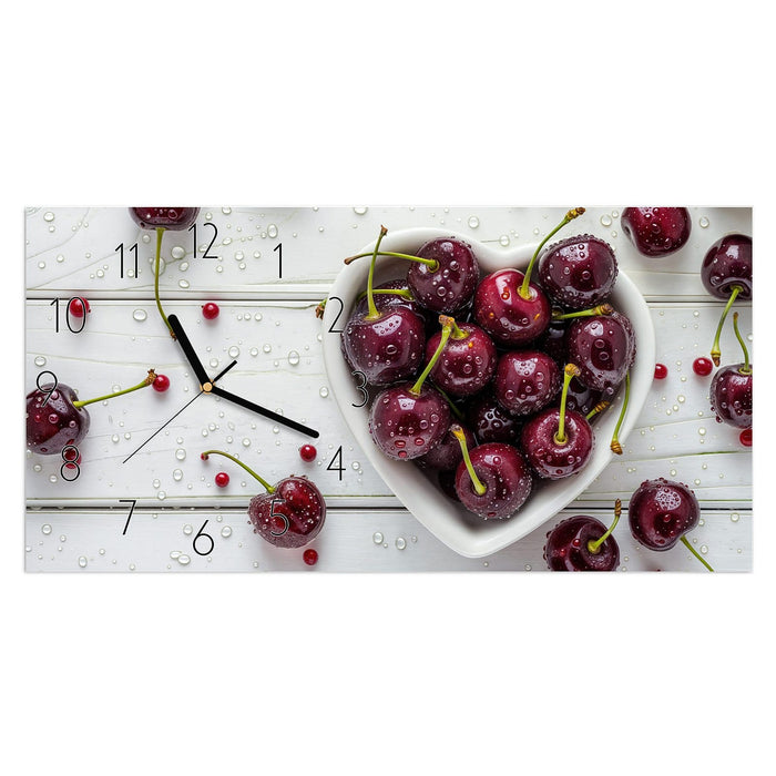 Wanduhr Frische & Kirschen aus Glas – Querformat 60 × 30 cm mit Ziffernblatt Elegant