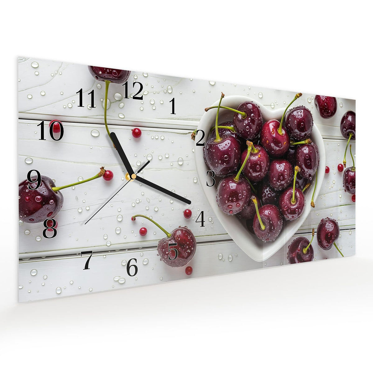 Vormontiert – mit Schwebeeffekt – Wanduhr Frische & Kirschen aus Glas – Querformat 60 × 30 cm