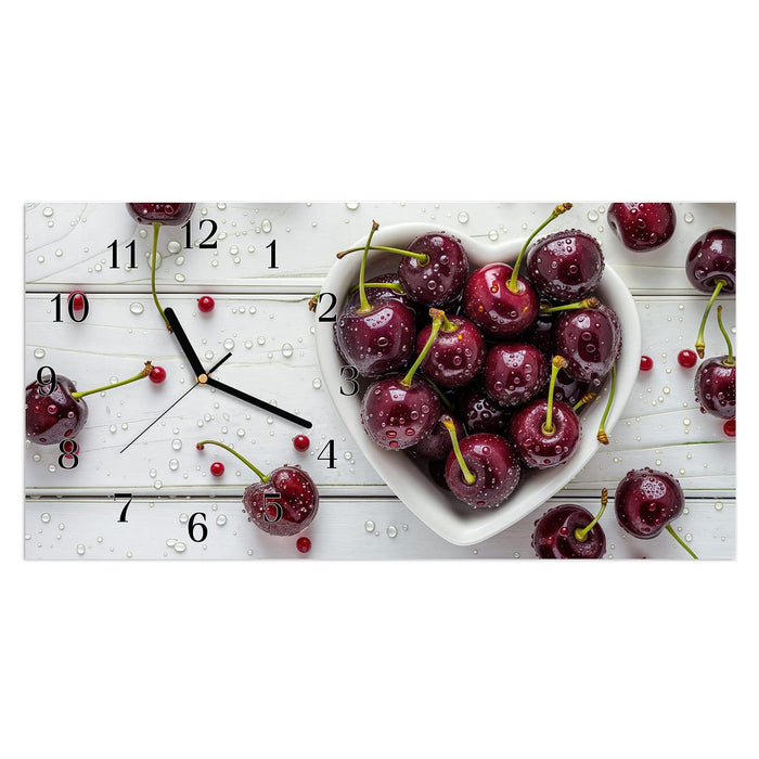 Wanduhr Frische & Kirschen aus Glas – Querformat 60 × 30 cm mit Ziffernblatt Klassisch