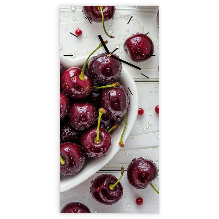 Wanduhr Frische & Kirschen aus Glas – Hochformat 30 × 60 cm mit Ziffernblatt Linie