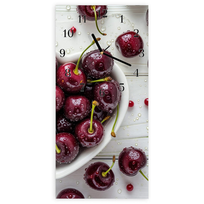 Wanduhr Frische & Kirschen aus Glas – Hochformat 30 × 60 cm mit Ziffernblatt Klassisch
