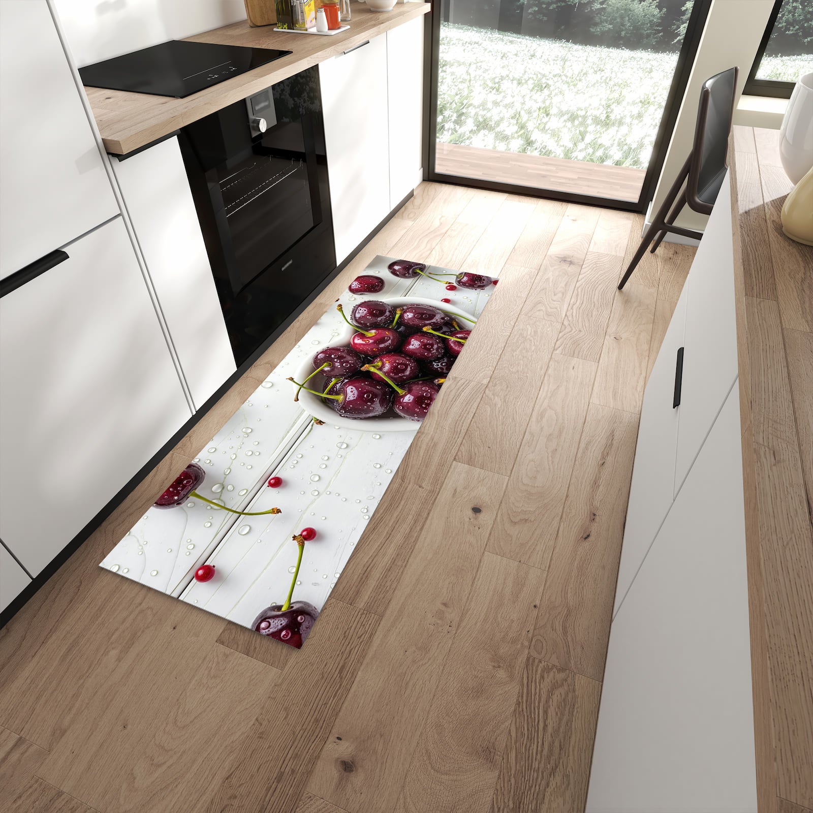Übersichtlicher Küchenläufer mit Motiv Frische Kirschen für Ordnung in der Küche
