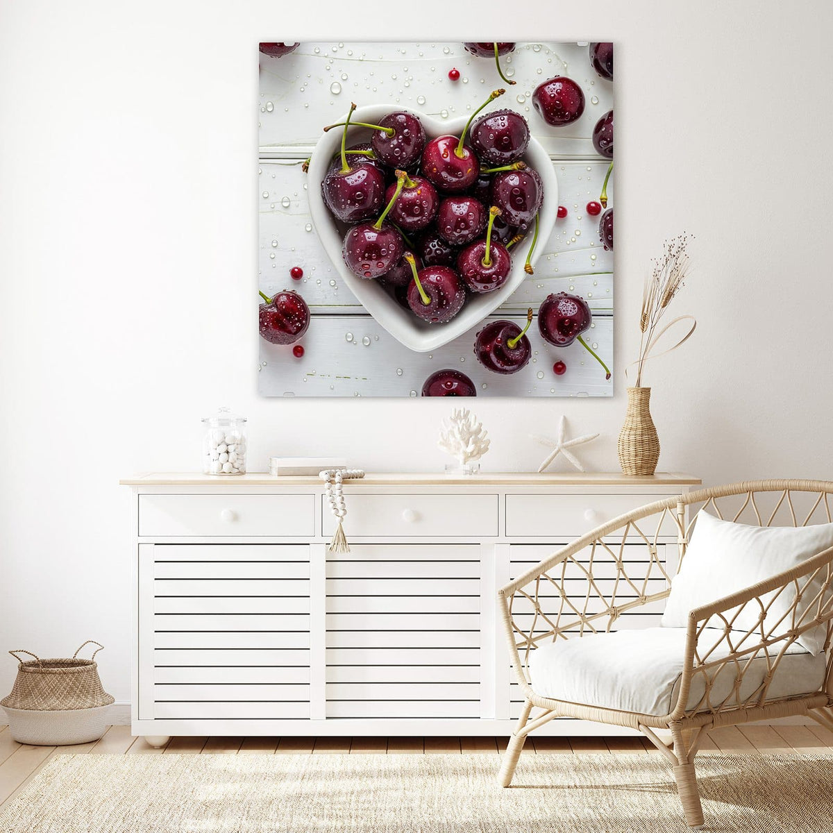 Echtglas, 4 mm – kein Acryl, keine Folie – Wandbild - Kirschen in Herzschale - Quadratisch