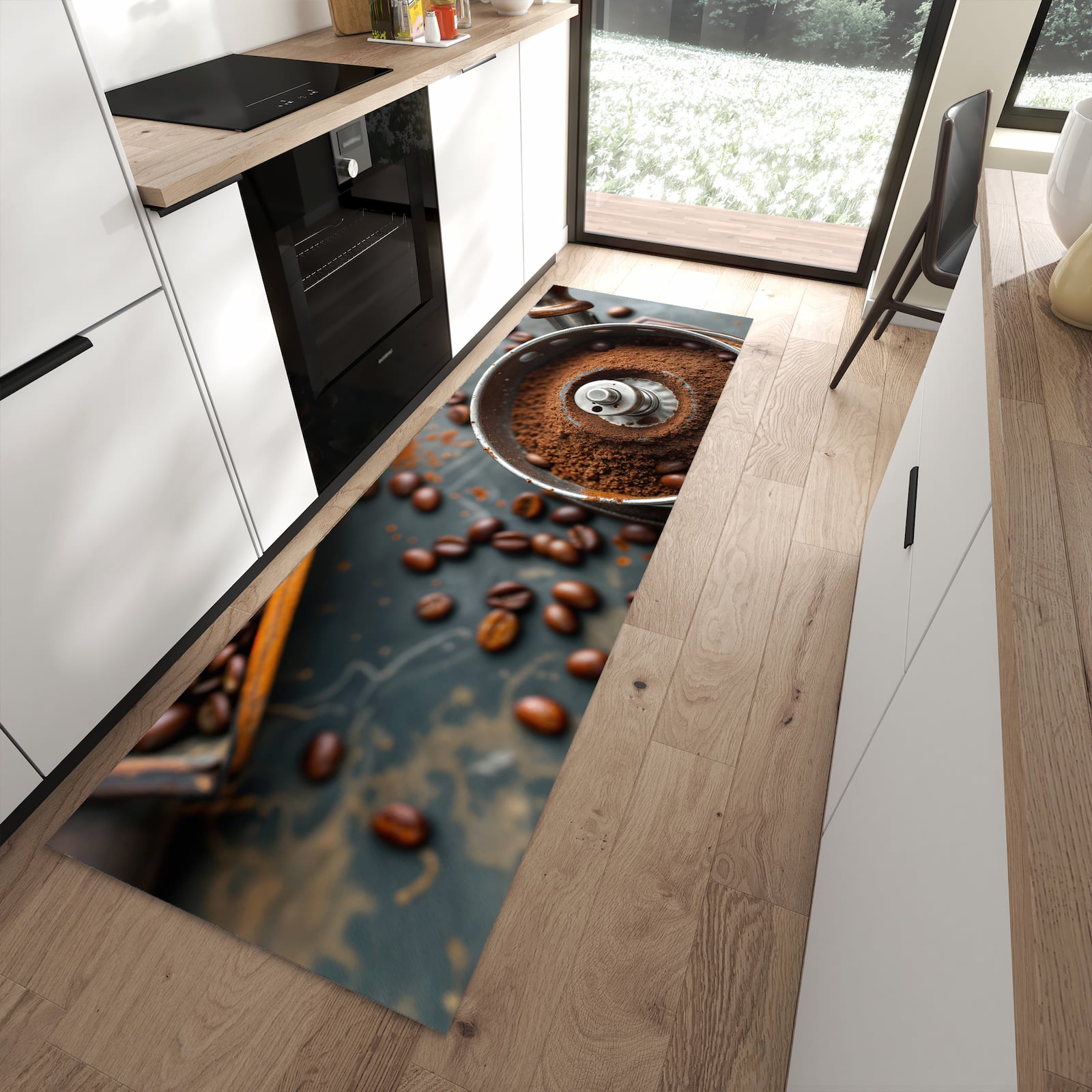 Wasserabweisender Teppich für Esstisch mit Motiv Kaffeemühle in moderner Küche